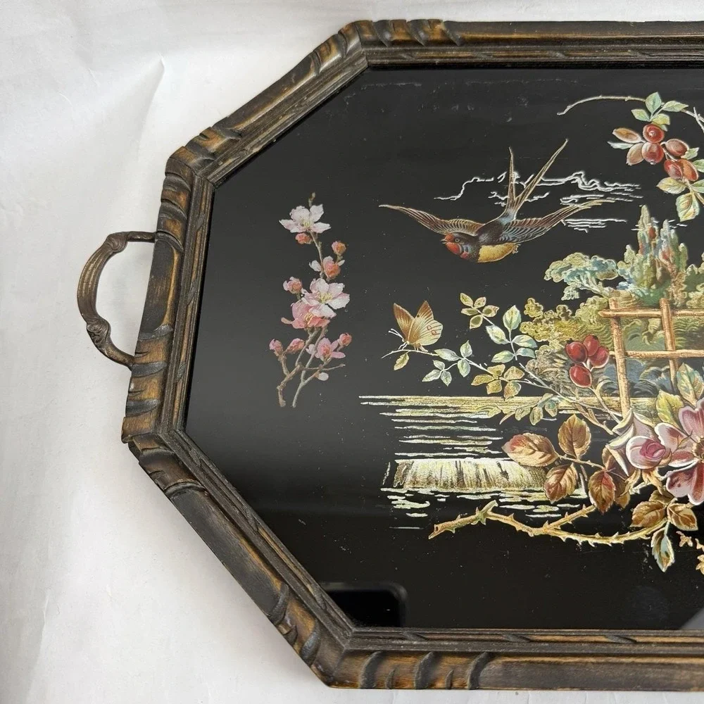 Vintage Dark Floral Tray Glass Top Moody Decor Bird Victorian Revival Black